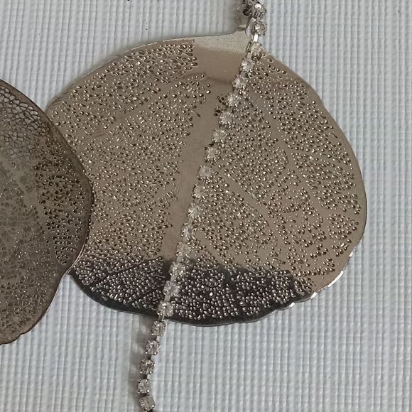 Silver Toned Metal Cutout Rhinestone Chain Lightweight Leaf Dangle Drop Earrings - Picture 5 of 9